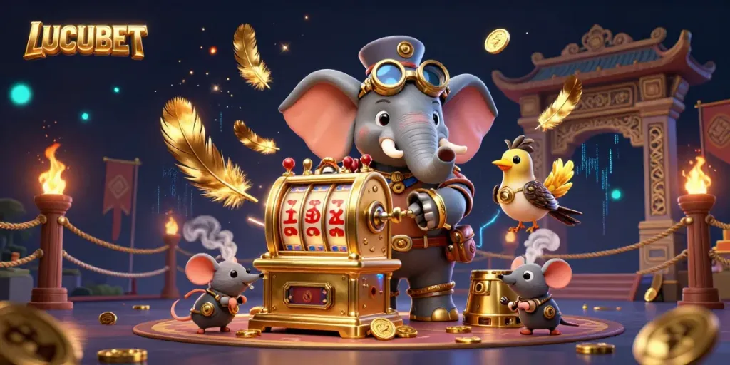LUCUBET's vibrant 3D illustration showcases a steampunk elephant engineer joyfully operating a golden slot machine amidst a dazzling array of casino symbols.