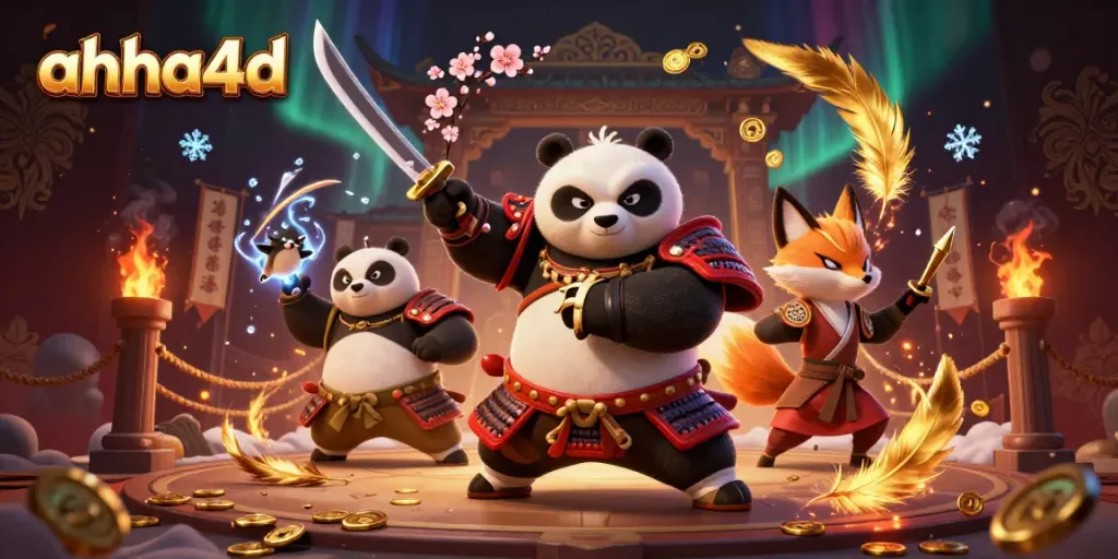 Engage in thrilling gaming with ahha4d, showcasing a samurai panda and mystical creatures in a vibrant casino scene.