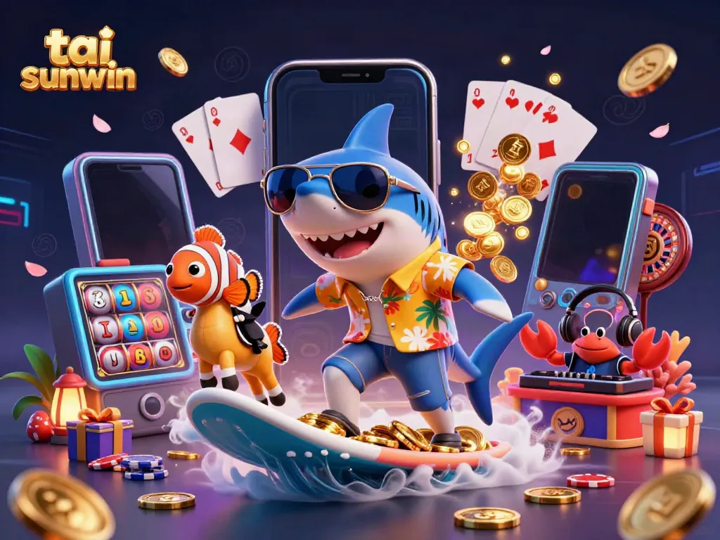 Experience the excitement of tai sunwin with a lively casino scene featuring a shark and vibrant game elements.