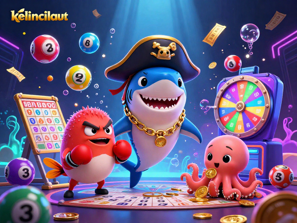 Spin and win with kelincilaut as a pirate shark, pufferfish, and octopus celebrate in a vibrant gaming scene.