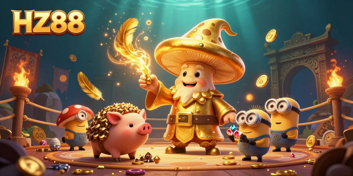 Experience HZ88's vibrant gambling world with an enchanted golden wizard and treasure-filled scene.