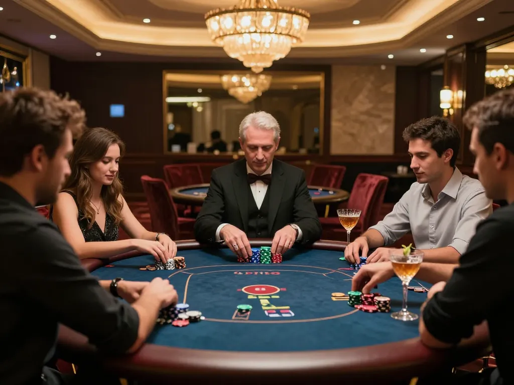 Engage in qqslot alternatif poker strategies at an upscale casino VIP table with luxurious decor