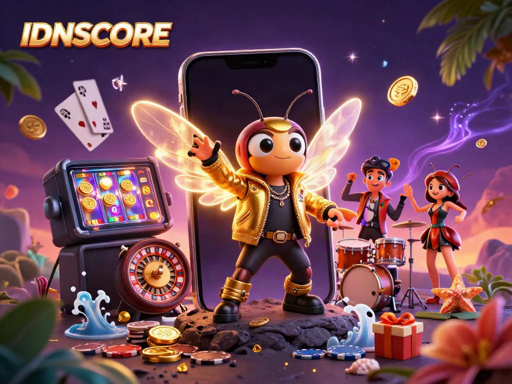 Engage in thrilling action with IDNSCORE as a cicada rock star leads a dynamic casino scene.