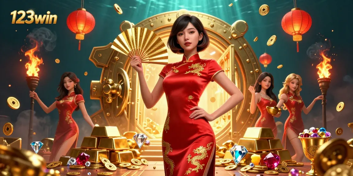 Experience thrilling gameplay at 123win with a beautiful Asian woman surrounded by casino treasures.