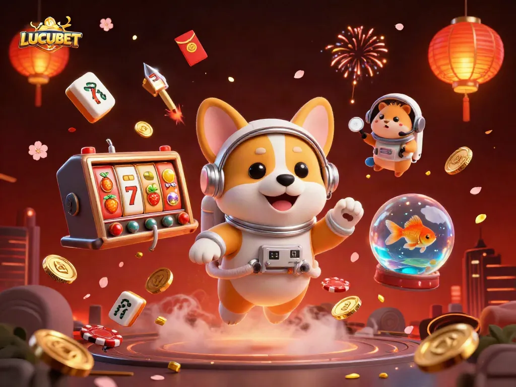 Experience the excitement of LUCUBET with a floating astronaut corgi in a vibrant space casino.