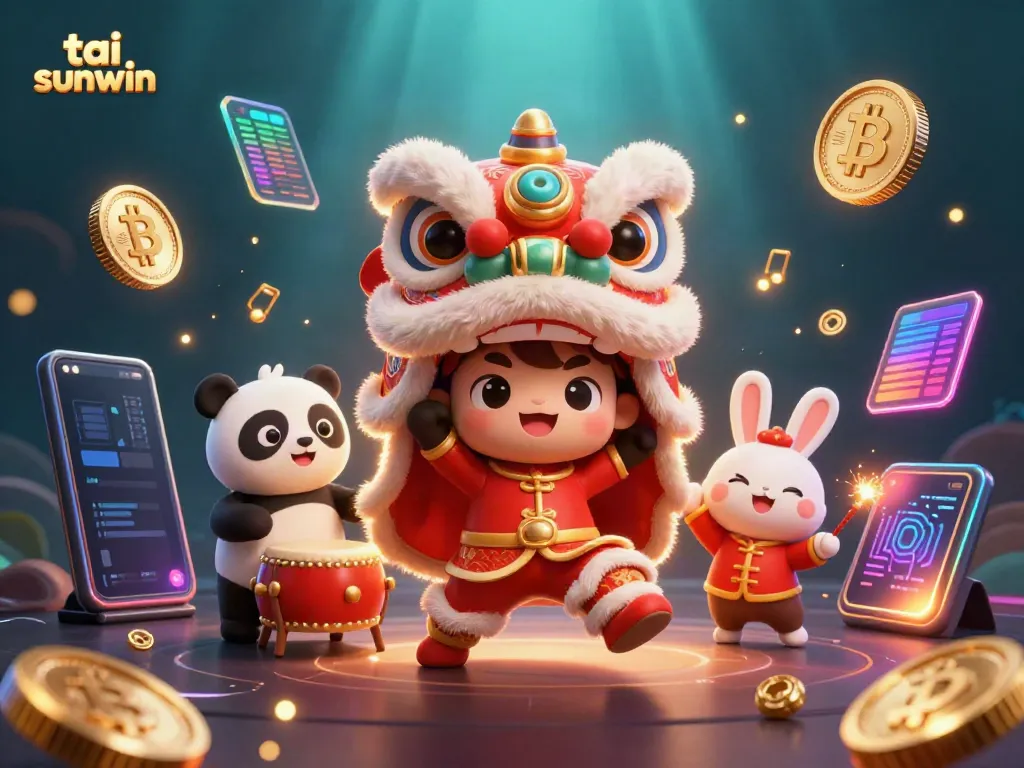 Experience exciting gaming with tai sunwin through a vibrant 3D casino illustration depicting lively characters and crypto elements.