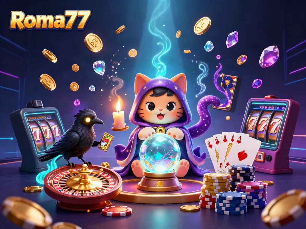 Experience thrilling moments with Roma77's enchanting characters, vibrant game elements, and dynamic casino vibes.