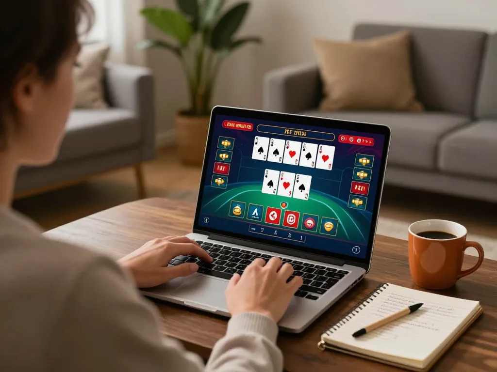 Engaging player exploring samsonbet86 poker strategies on their laptop while enjoying a cozy home atmosphere.