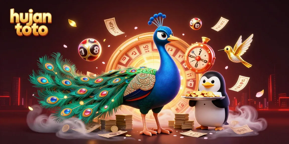 Play hujan toto with vibrant lottery visuals featuring a peacock, butler penguin, and hummingbird.