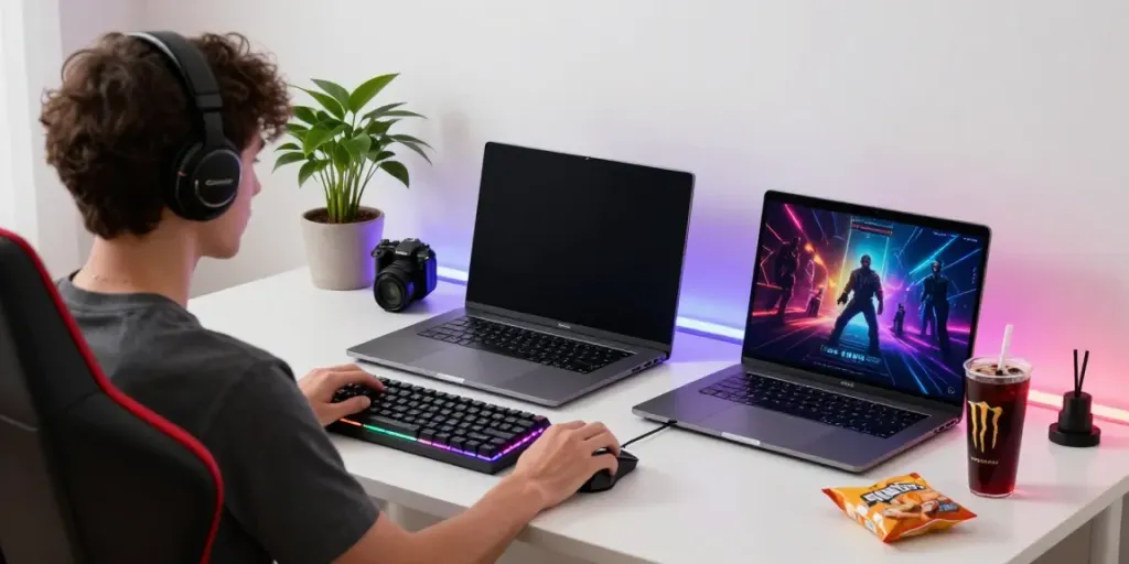 Setup gaming harum4d dengan laptop modern dan aksesori gaming berwarna-warni.