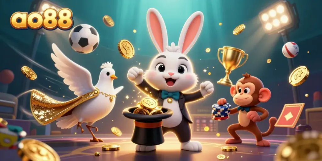 A dynamic ao88 themed casino illustration showcasing a magician rabbit and vibrant game elements.