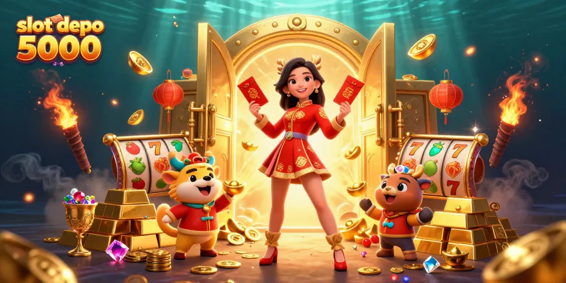Experience the thrill of slot depo 5000 with vibrant casino-themed artwork featuring lucky symbols and treasures.