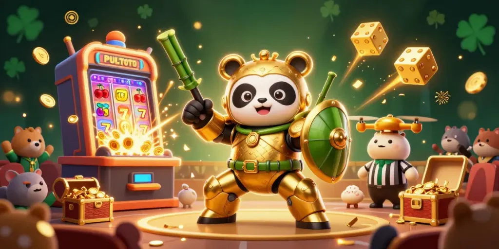 PULITOTO gaming experience illustrated with golden panda in mech-suit amidst dynamic casino action.