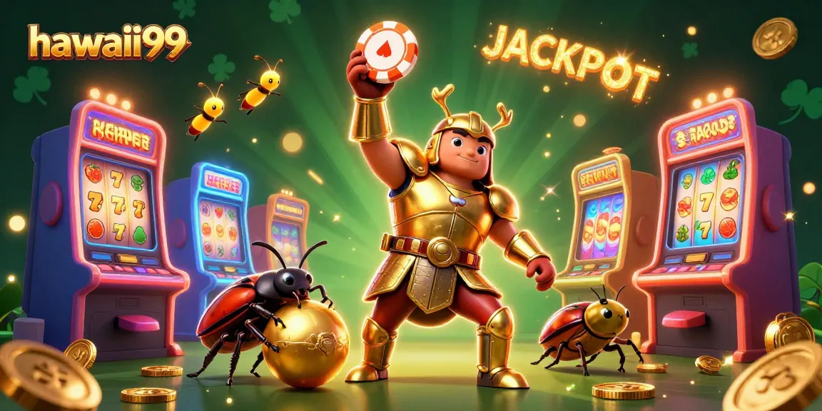 Engage with hawaii99 as the beetle hero lifts a poker chip in a vibrant casino scene filled with slot machines.