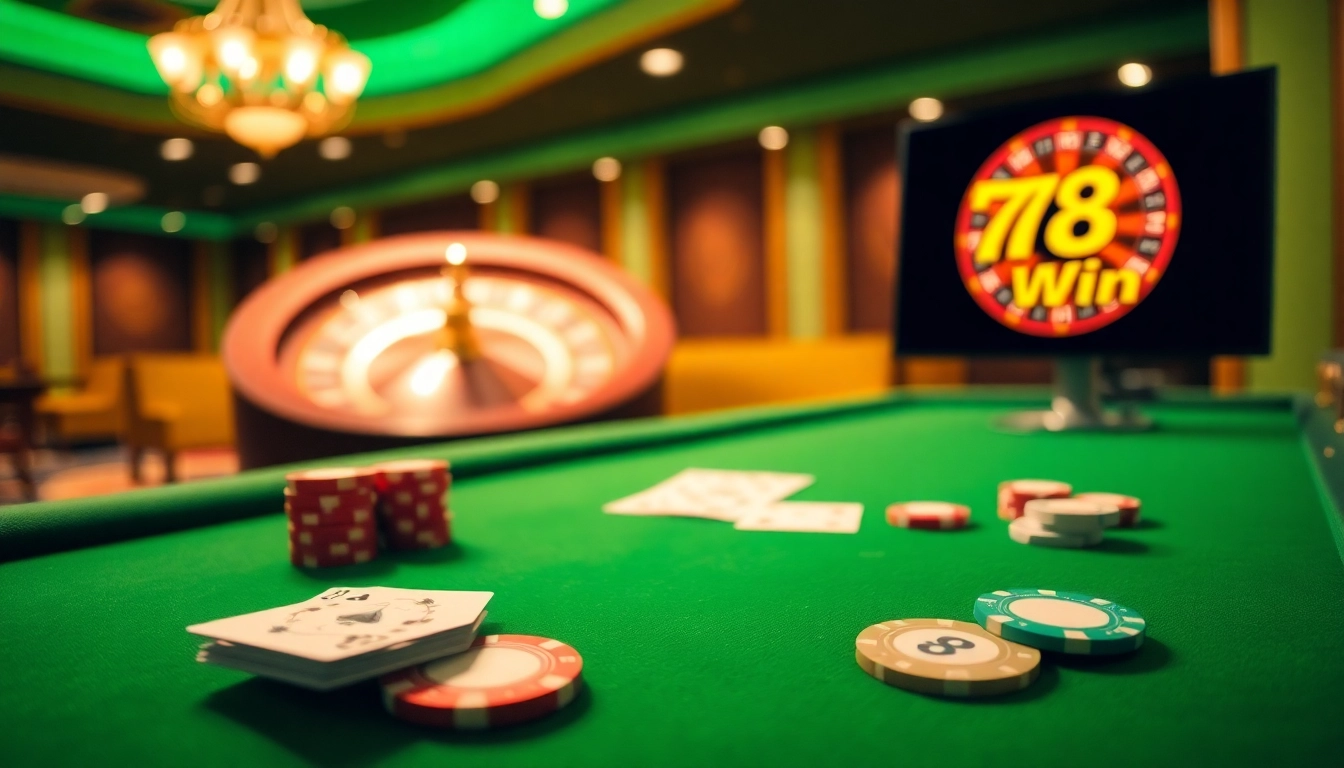 Engaging gamblers at 78Win with an exciting poker table and roulette wheel in a luxurious setting.