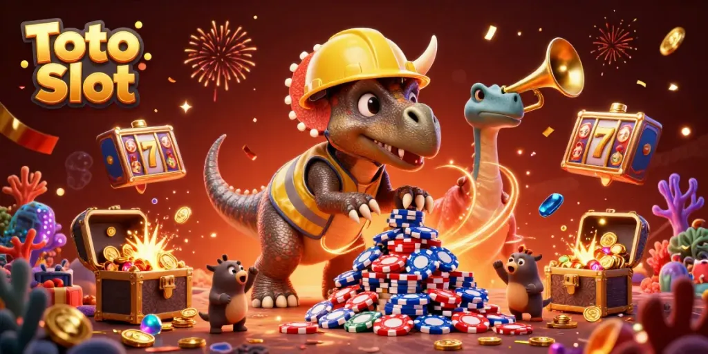 Toto Slot merayakan keberhasilan dengan dinosaurus kartun di tempat kejadian yang penuh harta karun.