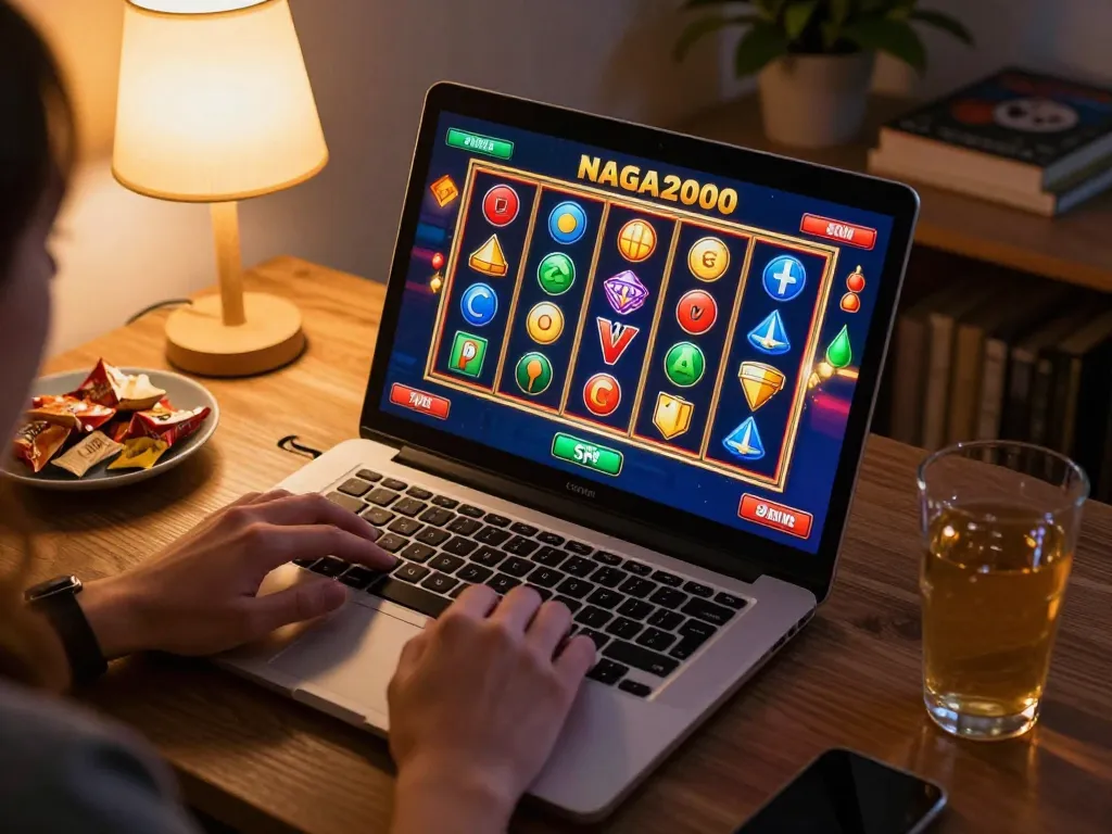 NAGA2000 online gaming scene with a player engaged in slots, showcasing gameplay and cozy home setting.