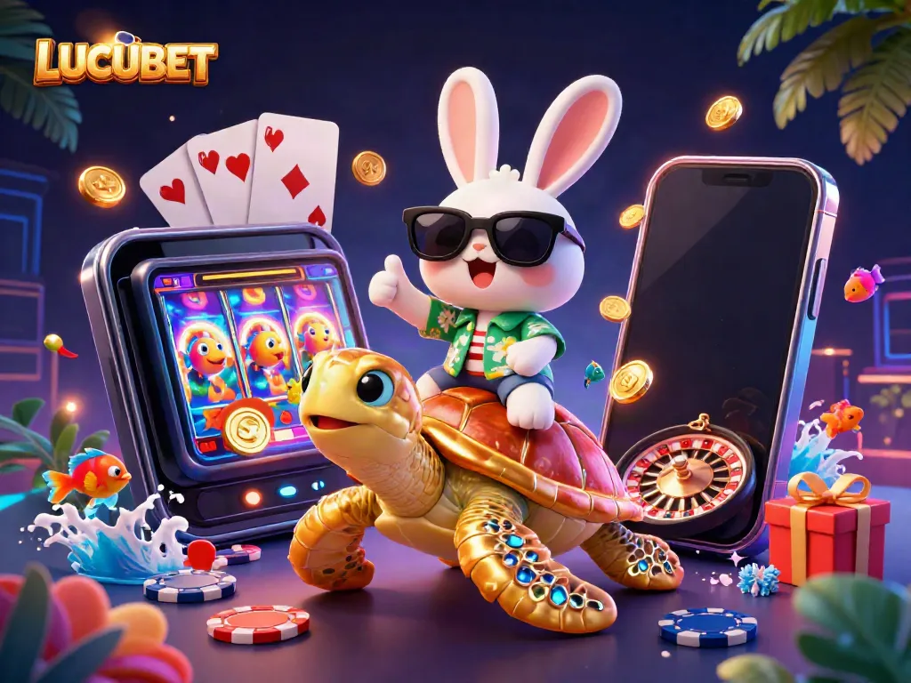 Experience exhilarating wins with LUCUBET's vibrant slot games and friendly lucky rabbit in a tropical paradise.