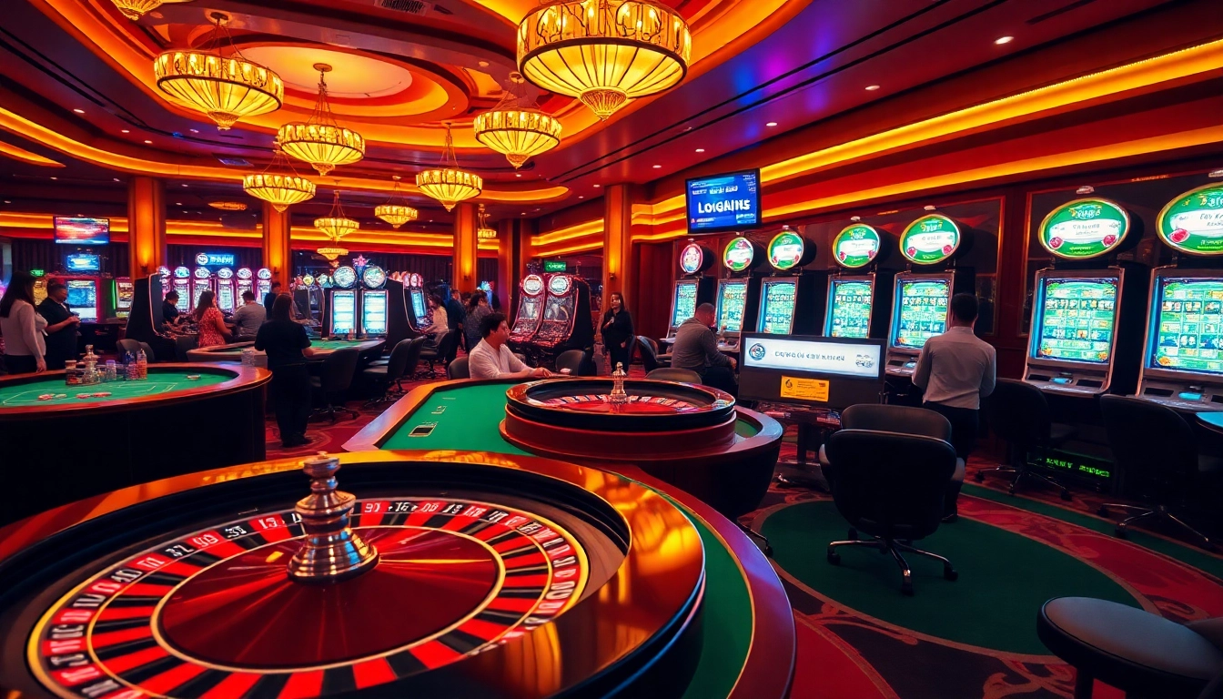 Experience the excitement of sbobet link login in a vibrant casino setting with gaming tables and roulette.