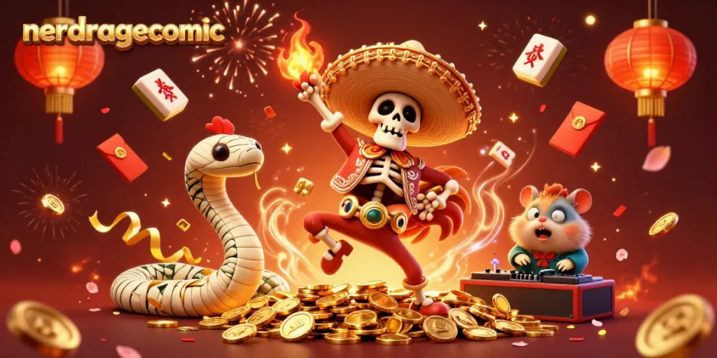 Nerdragecomic menampilkan karakter kartun kasino dengan kerangka mariachi, ular mumi, dan hamster DJ menari di atas tumpukan koin emas.