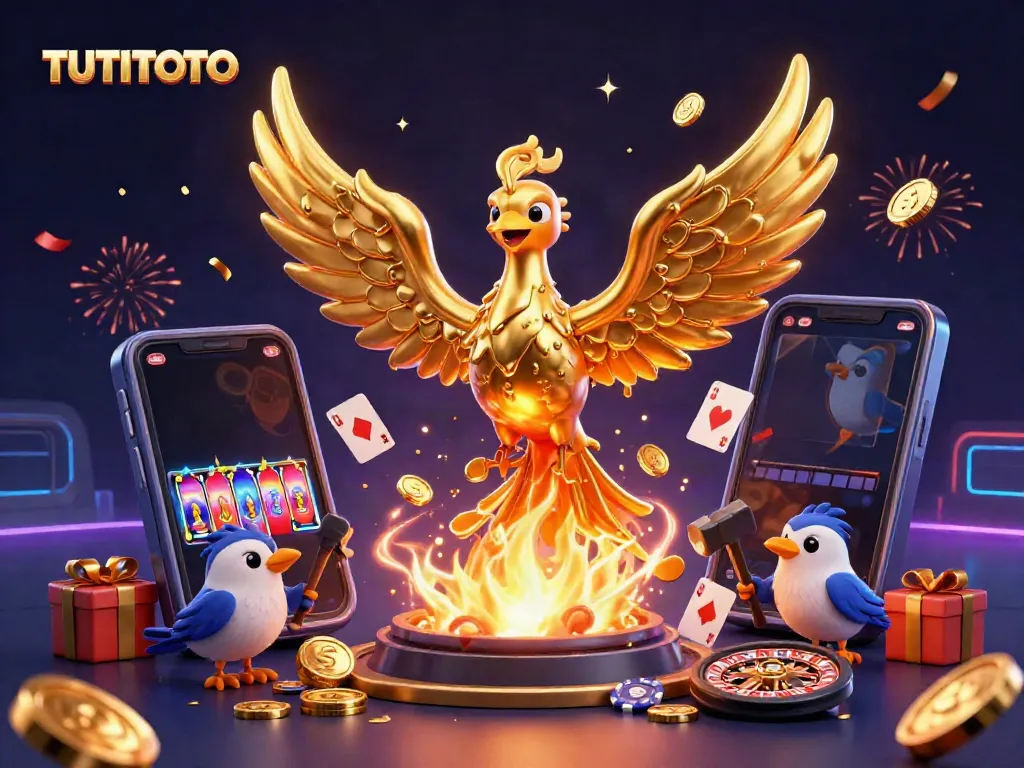 Experience winning with TUTITOTO as the golden phoenix rises amidst gilded gaming elements in vibrant celebration.