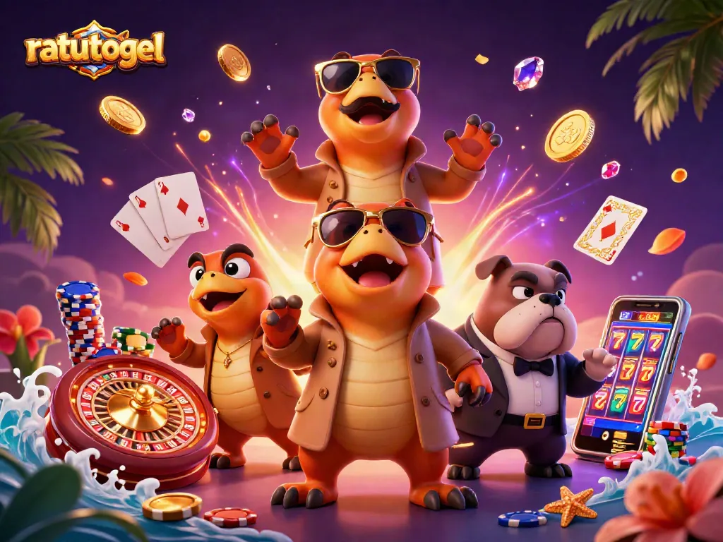 Experience ratutogel excitement in a cartoon scene of raptors and casino elements.
