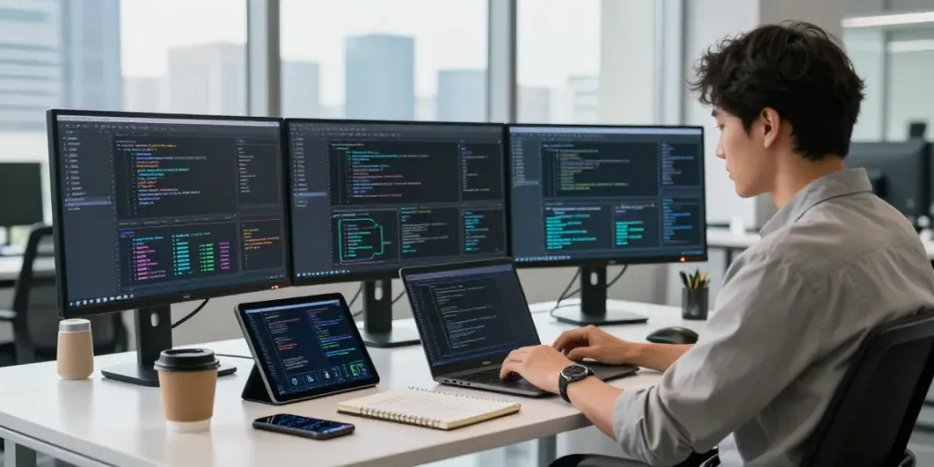 Professional workspace scene showcasing jebol wd software development with multiple monitors and gadgets in a modern tech office.