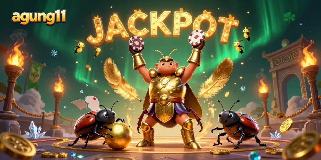 Agung11 heroes celebrate a jackpot win with golden poker chips and dazzling fireflies.