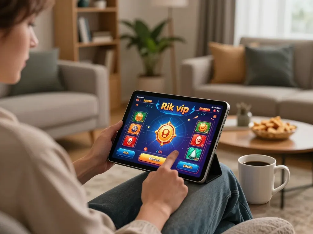 Tham gia trò chơi trực tuyến Rik vip với máy tính bảng trong không gian ấm cúng, nhấn mạnh vào việc chơi game có trách nhiệm.