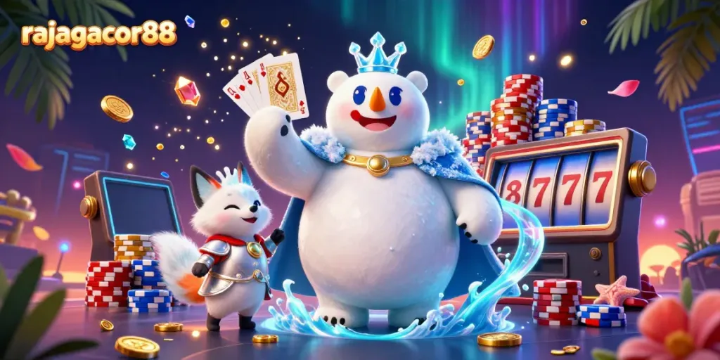 Experience the thrills of rajagacor88 with a captivating 3D scene featuring a polar bear king and snow fox surrounded by casino treasures.