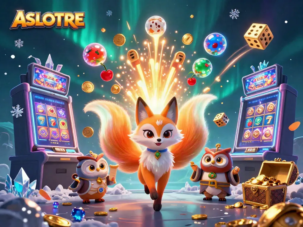 Visualisasi menakjubkan ASLOTRE dengan karakter kartun dan mesin slot yang penuh harta.