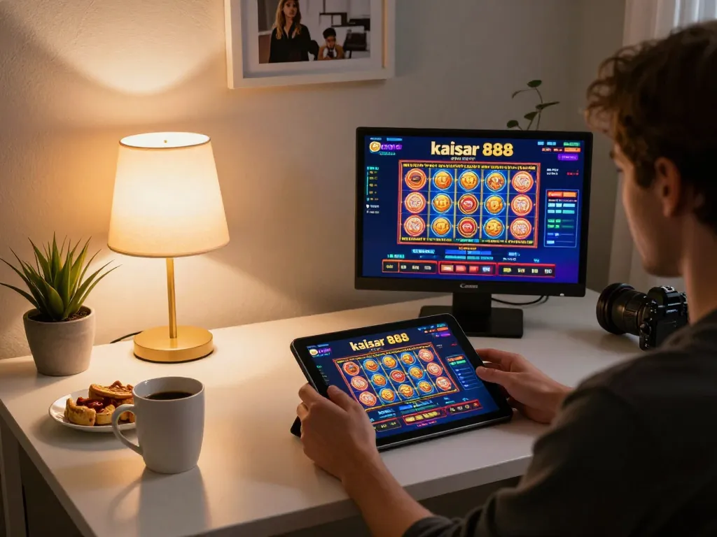 Kaisar 888 online casino player engaging with vibrant gaming interface on tablet in cozy home setting