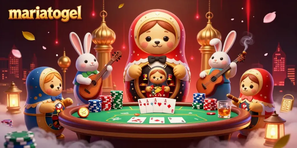 Engage with mariatogel in a vibrant 3D casino atmosphere showcasing dealer bears, poker chips, and winning hands.
