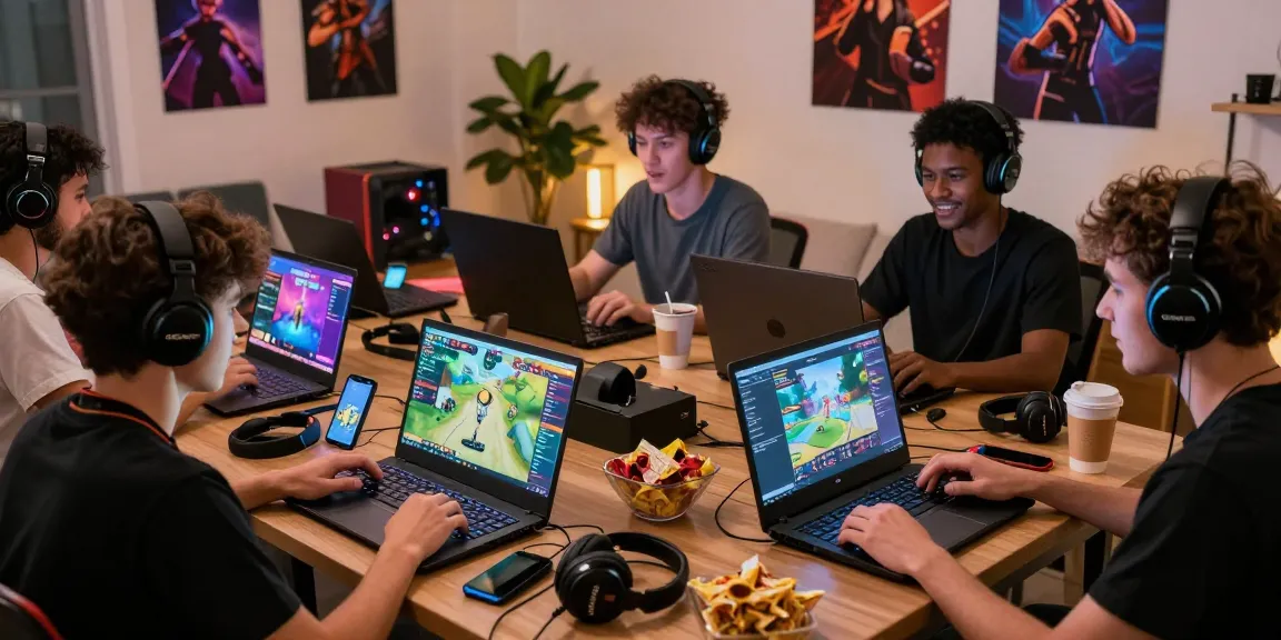 Gila138 gamers menikmati permainan GGSOFT di ruang yang nyaman dengan cahaya ambient, perangkat gaming, dan antusiasme.