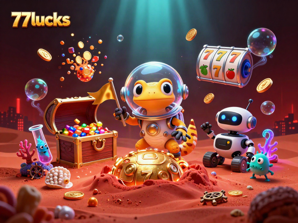 77lucks menghasilkan koin emas berlimpah di kasino Mars, dengan gecko Martian dan robot sahabat.