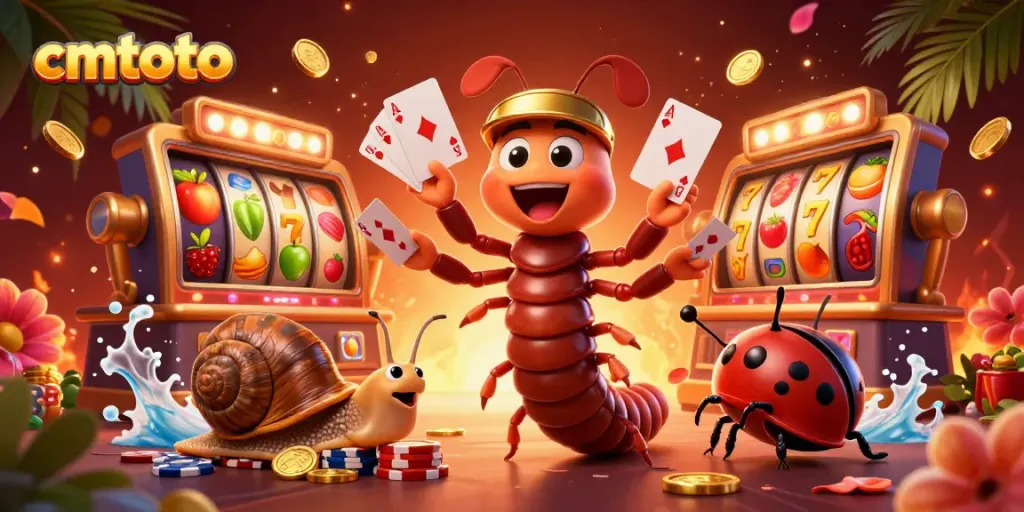 Menyaksikan dealer cmtoto dengan kartu dan chip di tengah suasana slot kasino yang hidup.