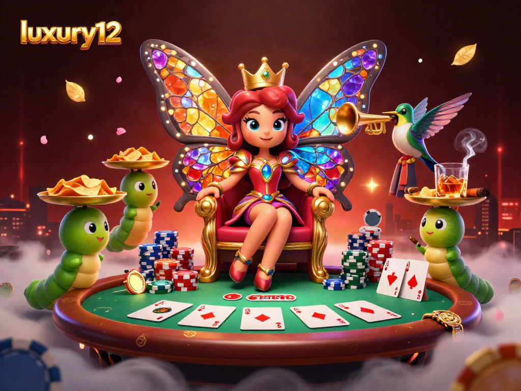 Play and win at luxury12 with a vibrant 3D casino scene featuring playful casino characters and games.