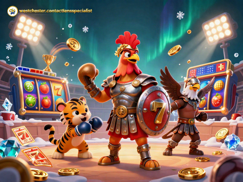Win exciting jackpots with westchestercontactlensspecialist in a dynamic casino scene featuring a rooster warrior.