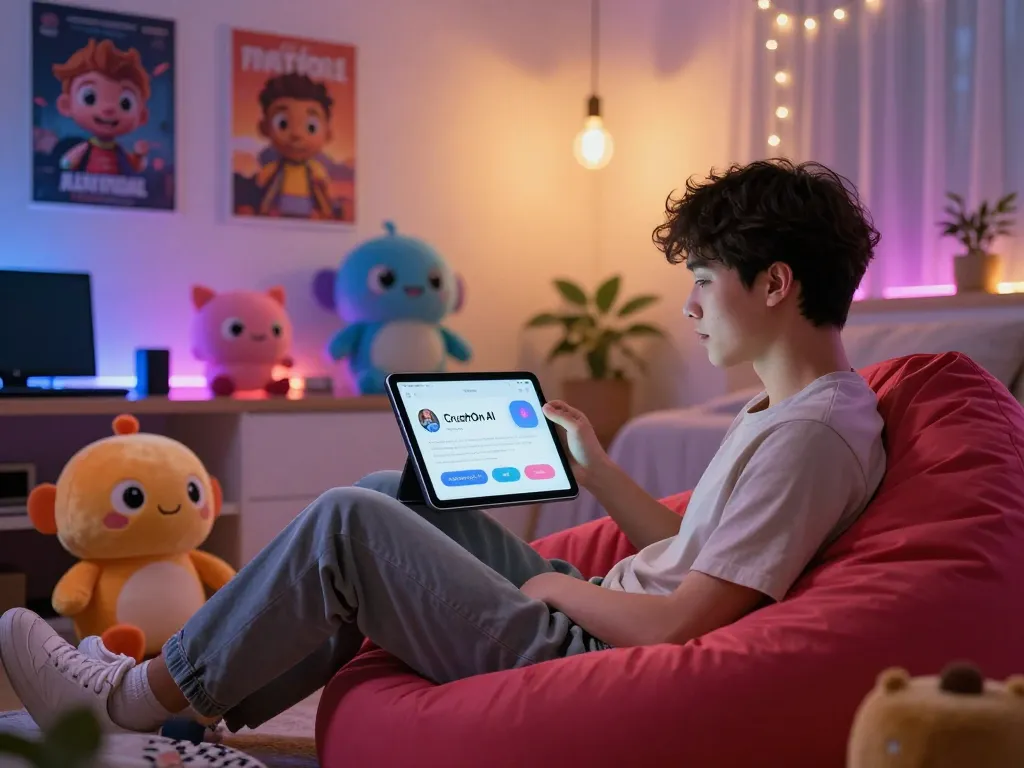 User engaging with CrushOn IA characters on a tablet in a cozy room with colorful lighting and tech gadgets.