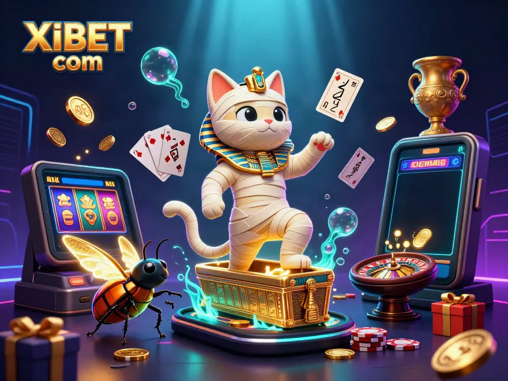 Experience the magic of XIBET com with a 3D Egyptian mummy cat and golden gaming elements in a vibrant casino scene.