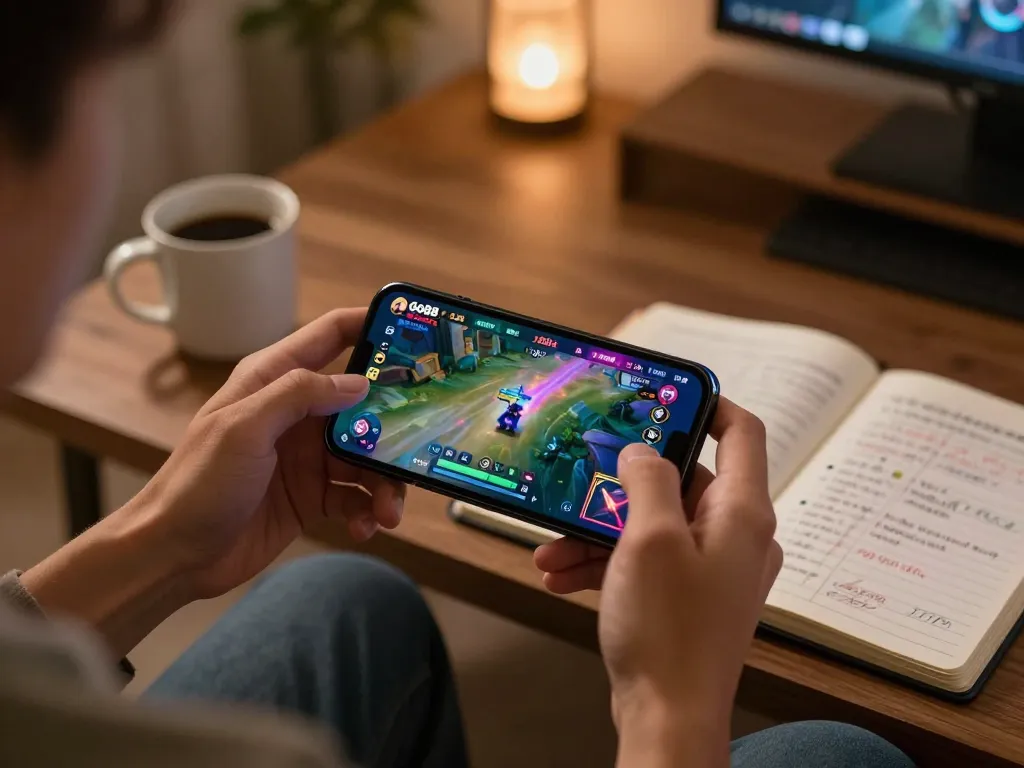 TẢI GO88 mobile gaming experience at home with person using smartphone, warm cozy atmosphere.