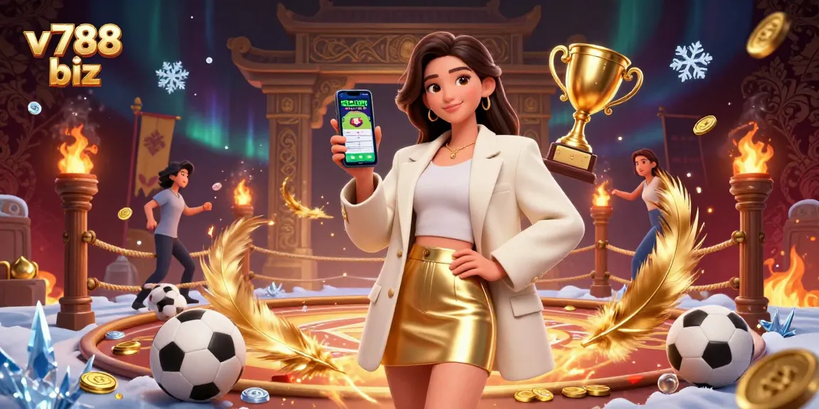 Experience thrilling sports betting with v788 biz as an Asian woman joyfully engages with a betting app amidst dynamic 3D elements.