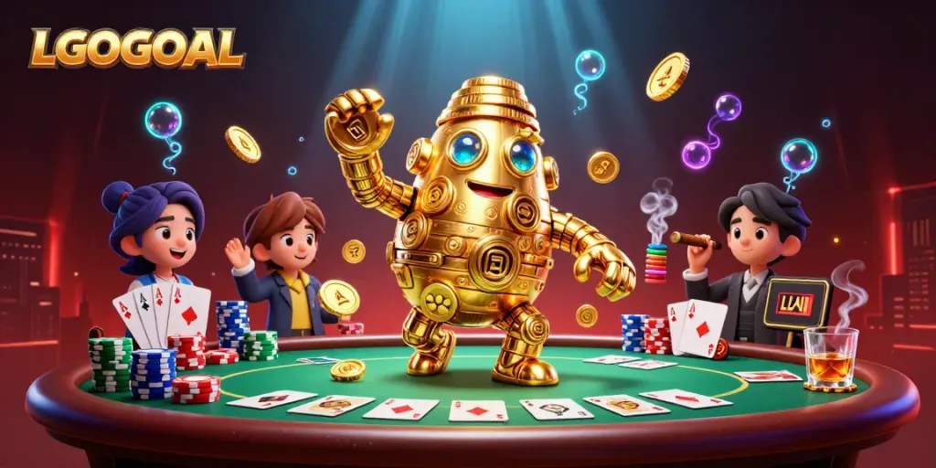Experience the excitement of gambling with LGOGOAL's vibrant 3D illustration of a golden golem amidst poker elements.