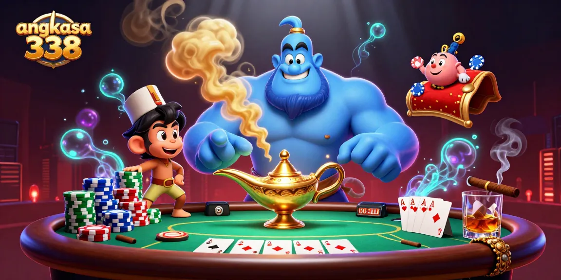 Experience the excitement of angkasa 338 with a vibrant casino scene filled with poker chips and characters.