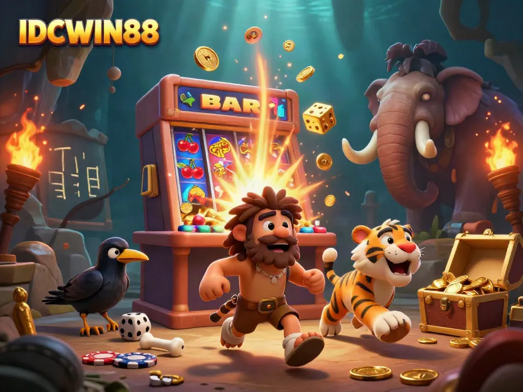 Experience the excitement of IDCWIN88 in a vibrant 3D casino scene with cartoon characters and dynamic game elements.