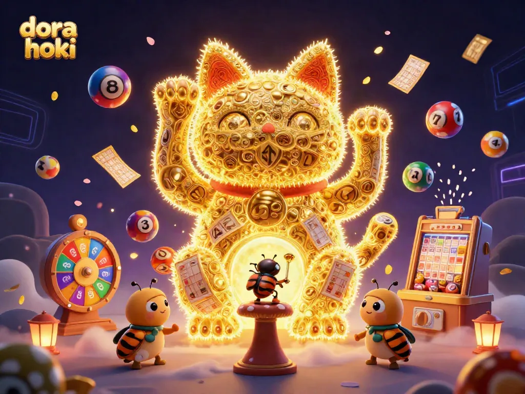 Ikon dora hoki yang dinamis dengan kucing keberuntungan dan bola lotere berwarna berhamburan.