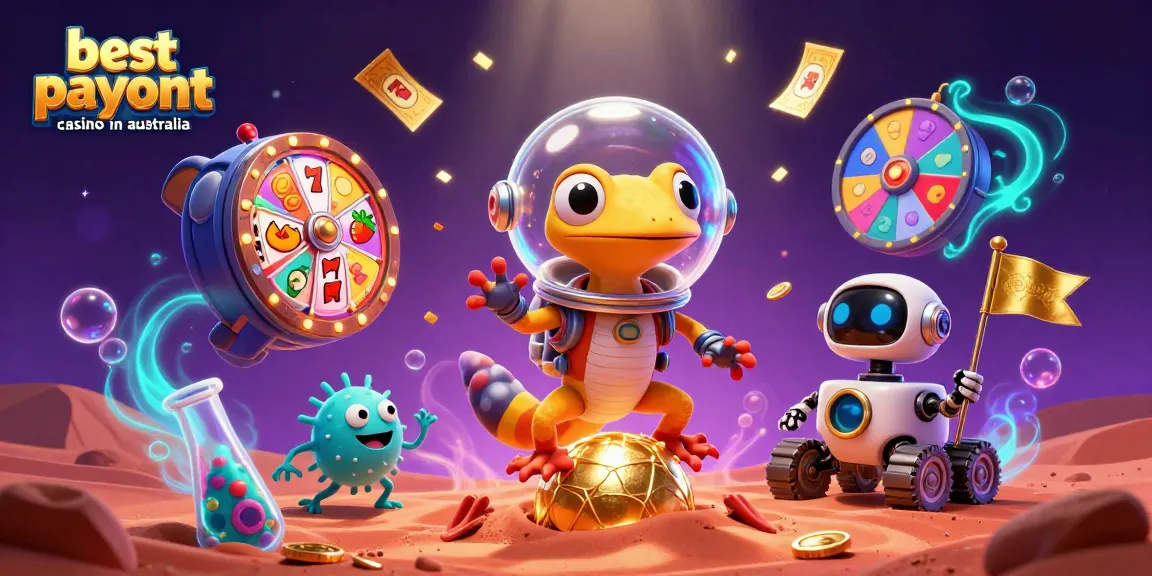 Engaging scene of a Martian gecko exploring the best payout casino in Australia with exciting game elements.