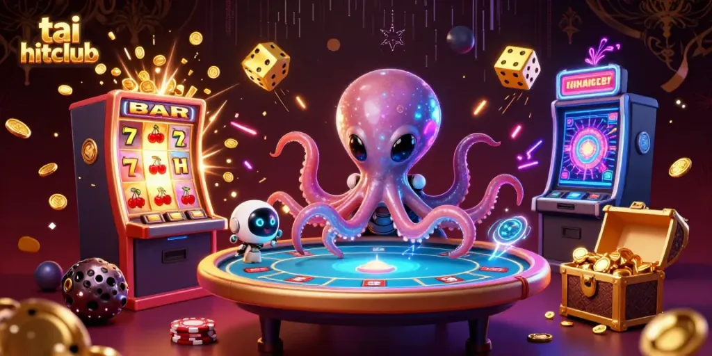 Tai Hitclub showcases a vibrant scene with an alien octopus and a robot at a holographic poker table, surrounded by colorful casino elements.