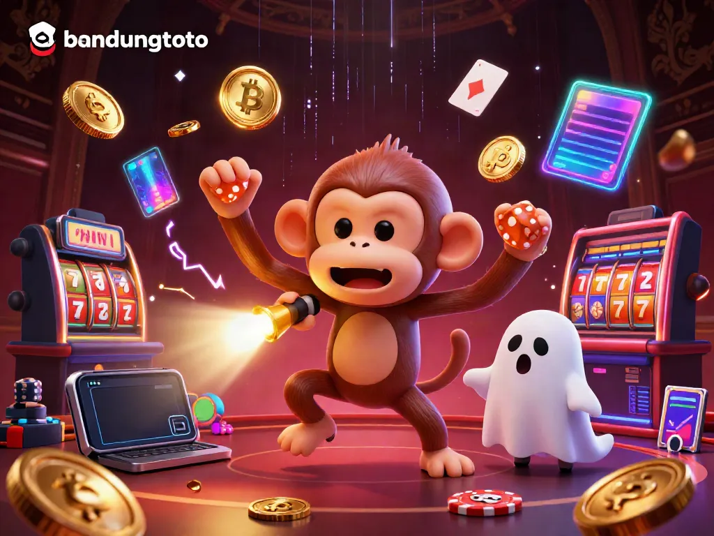 Experience the thrill of bandungtoto as a mischievous monkey juggles casino treasures in a haunted setting.