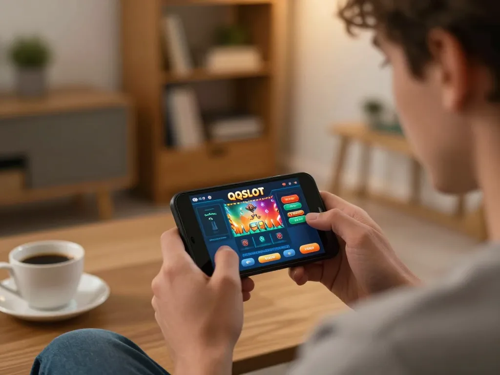 Engaging in QQSLOT Link Alternatif online gaming from a cozy home setup with smartphone on display